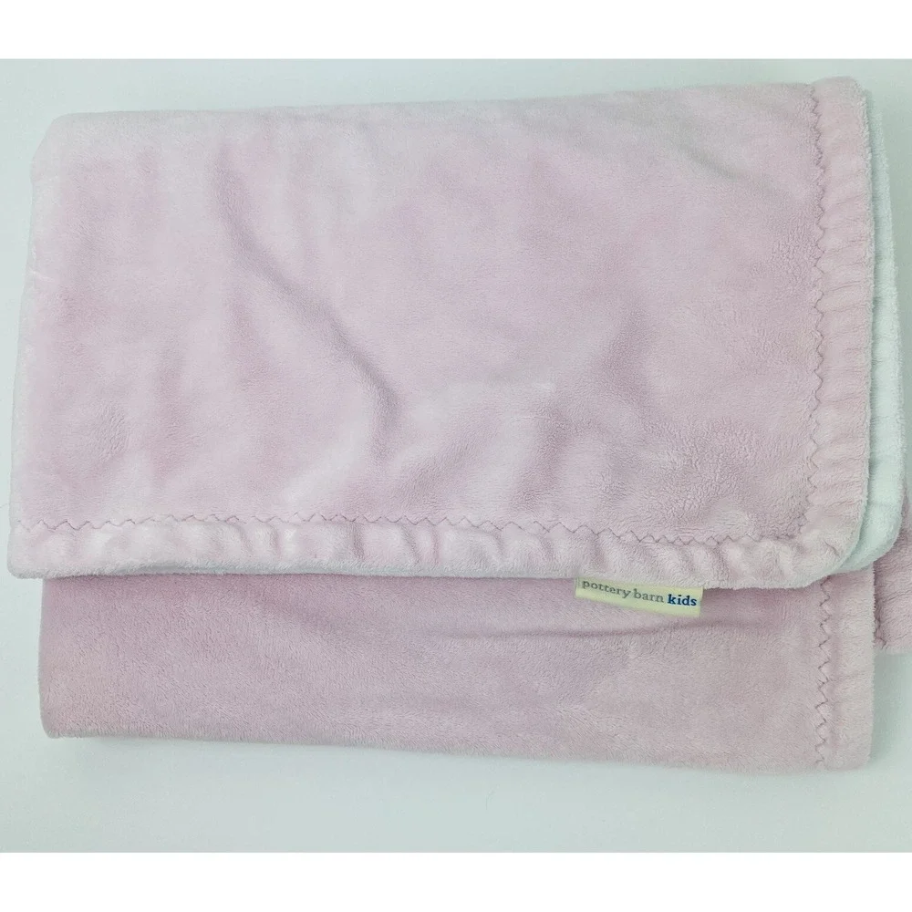 Pottery Barn Kids Pink White Zig Zag Stitch Trim Soft Baby Blanket Lovey Plush